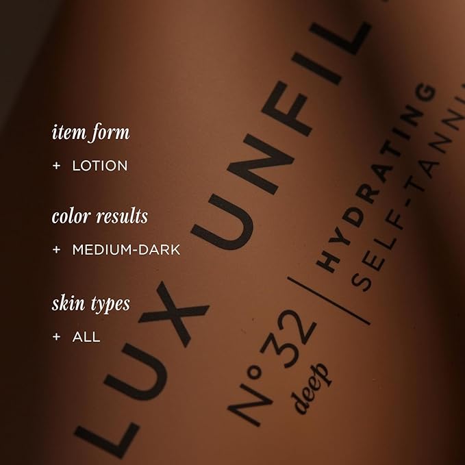 '+ Lux Unfiltered N°32 Deep Gradual Self Tanner, Hydrating Self Tanning Lotion with Shea Butter & Squalane - Non-Sticky, No Transfer, Natural-Looking Tan - Vegan & Cruelty-Free Sunless Tanner - Santal