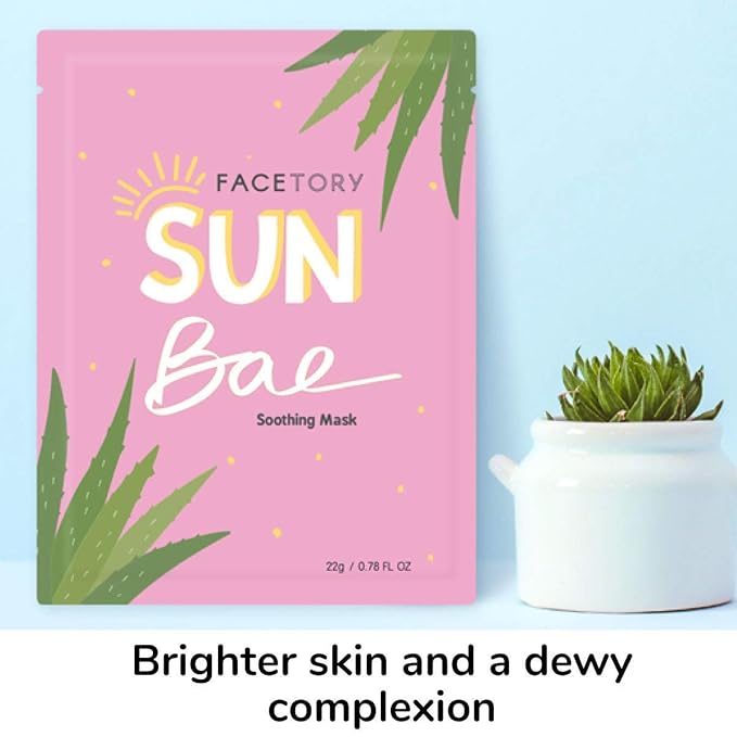 FACETORY K Beauty Face Mask Skin Care - SUN BAE SOOTHING Sheet Mask with Aloe & Shea Butter | After Sun Care, Soothe & Restore (5 Pack)