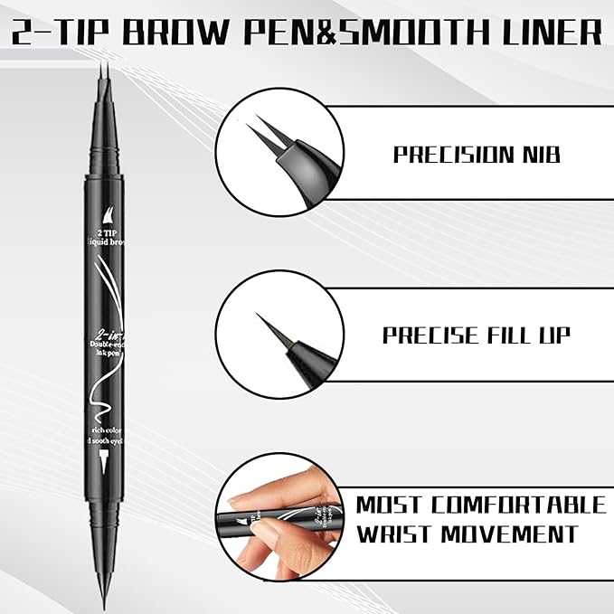 Curved 2 Tip Eyebrow Pen-Black Eyebrow Pencil With Black Eyeliner 2-in-1 Dual-Ended Create Natural Hair-Like Brows,Waterproof,Smudge Proof,Long Lasting All-Day