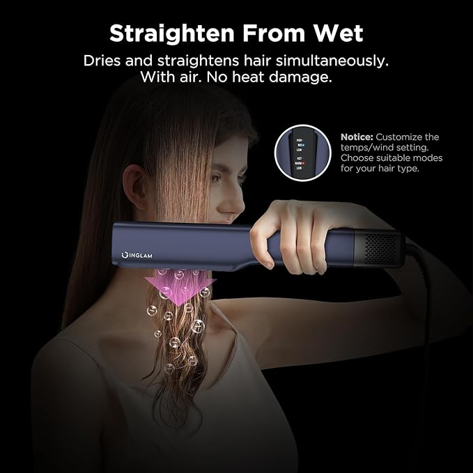 IG INGLAM Air Straightener, Style From Wet Hair, 2.2" Dryer Straightener, 200M Negative Ionic, One-Step Air Straight for Medium and Long Hair (14"-30"), Prussian Blue