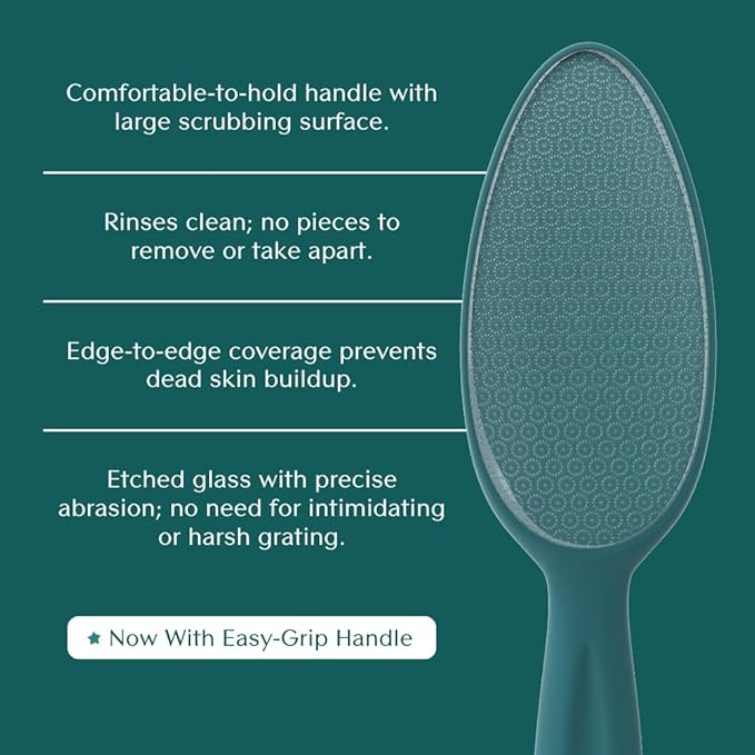 Bare August Glass Foot File Callus Remover - Heel Scraper & in-Shower Foot Scrubber Dead Skin Remover - Pedicure Foot Buffer for Soft Feet (with Handle, Teal)