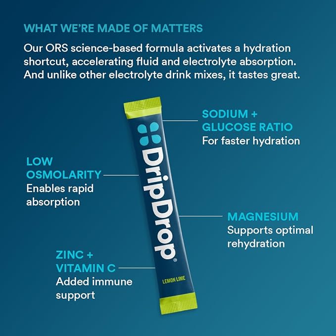 DripDrop Hydration Packets - Lemon Lime - Single Serve Electrolytes Powder Drink Mix - Non-GMO, Gluten Free, Vegan - 32 Sticks