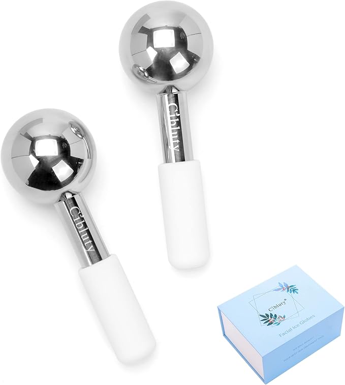 Facial Ice Roller by CIBLUTY- 2PC Stainless Steel Face Globes for Cold or Hot Skin Massagers Durable Unbreakable Globes with White Silicone Handle for Face and Body Fitness