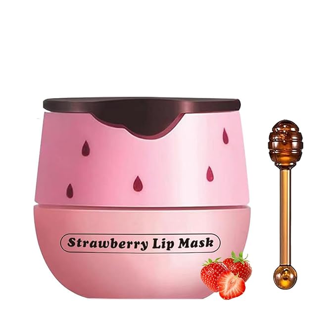 1 PCS Bee Lip Balm Lip Mask Honey Pot, Strawberry Moisturizing Sleeping Lip Mask Overnight with Sticks, Lip Balm Honey Pot Lip Balm Hydrating Prevention Dry and Crack Lip Scrubs Exfoliator
