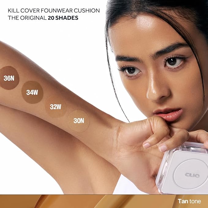 CLIO Kill Cover Founwear Cushion The Original – 20 Shades, Buildable Light to Medium Coverage, Natural Finish, Korean Makeup Foundation, Long-Lasting Skin Fit, 30N LATTE