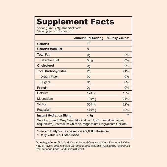 Instant Hydration Electrolytes Powder Packets - Citrus Orange Drink Mix - Zero Sugar - Keto, Vegan, Gluten-Free, Non-GMO - Boost Recovery, Brain Health, Muscle & Tissue Support- 30 Sticks