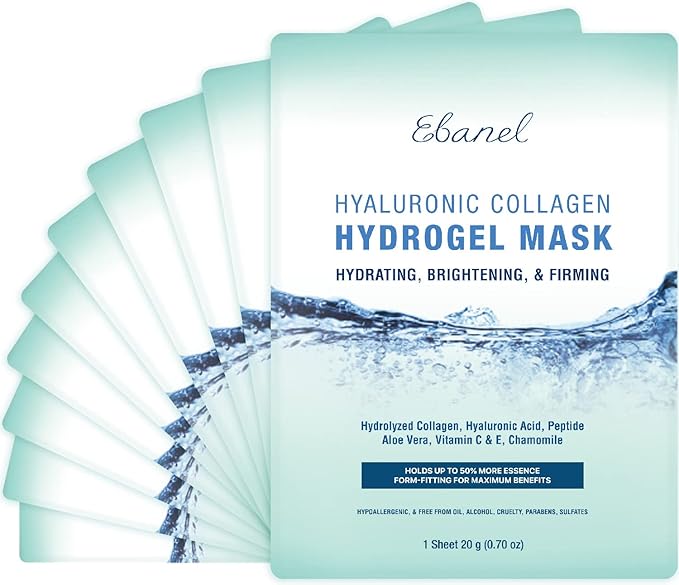 Ebanel 10 Pack Hydrogel Collagen Face Mask with Hyaluronic Acid, Vitamin C, Peptide, Aloe, Instant Brightening Hydrating Face Masks Skincare Korean Sheet Mask, Skin Firming, Lifting Anti Aging Masks