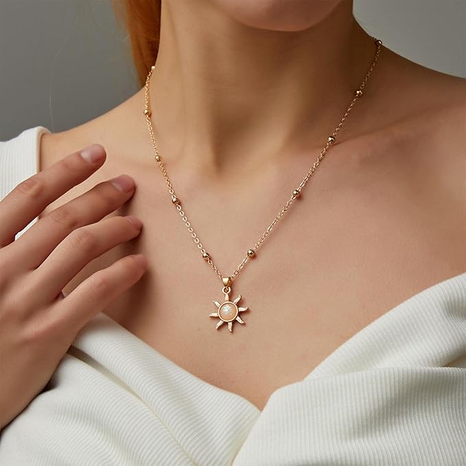 Bohemia Sun Choker Necklace Chain Sunflower Opal Pendant Necklace Gold Satellite Necklace Minimalist Sunflower Necklace Chain Jewelry for Women and Girls