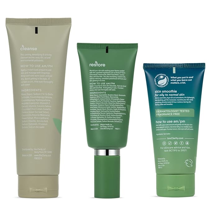 BioClarity 3-Step Essentials Skin Routine for Normal & Oily Skin Types | Cleanse, Restore and Moisturize | Gentle Clean and Hydrate Face | 100% Clean, Vegan Ingredients (Full Size)