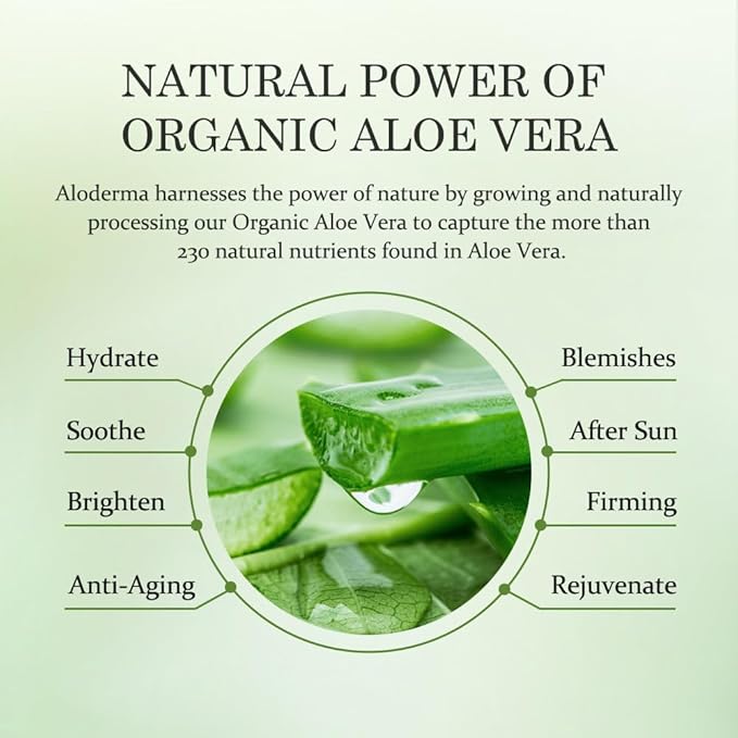 Aloderma 99% Organic Pure Aloe Vera Gel Made within 12 Hours of Harvest, 17.6oz Value Pump, Lightweight Non-Sticky Aloe Vera Gel for Sunburn Relief, Natural, Soothing Aloe Vera for Face & Hair, 6-Pack