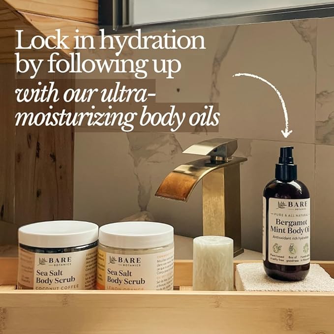 Bare Botanics Matcha Eucalyptus Body Scrub 24 oz - Naturally Scented Sea Salt Scrub Made in Madison, WI - Formulated w/Skin Loving Moisturizers - Vegan, Cruelty Free Exfoliator w/a Cute Wooden Spoon