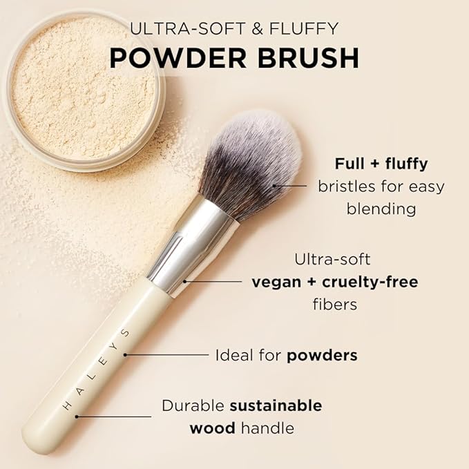 HALEYS Powder Brush VEGAN+CRUELTY-FREE, Soft, Streak-free, Perfect Blending, Buff, Blurs, Smooths, Control, Precision, Complexion tools, For powder, setting powder, blush, Sustainable Wood Handle