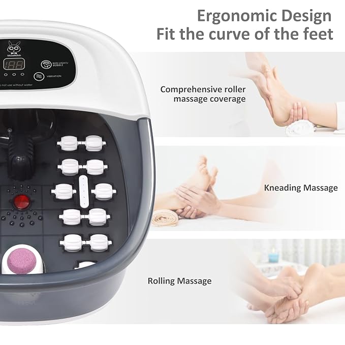 Foot Spa Bath Massager with Heat Bubbles and Vibration Massage and Jets, 16 OZ Calming Lavender Foot Soak Epsom Salt, Foot Soaker with Red Light, 22 Massage Rollers, Adjustable Temp - Grey
