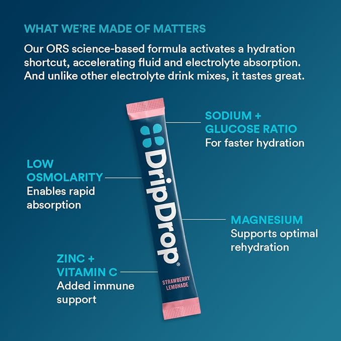 DripDrop Hydration Packets - Juicy Variety Pack - Single Serve Electrolytes Powder Drink Mix - Grape, Fruit Punch, Strawberry Lemonade, Cherry - Non-GMO, Gluten Free, Vegan - 16 Sticks