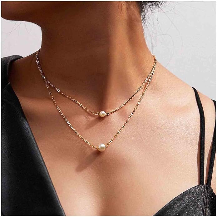 Boho Layered Pearl Necklace Choker Gold Pearl Pendant Necklace Multi Layer Vintage Necklace Chain Bridal Necklace Jewelry for Women and Girls