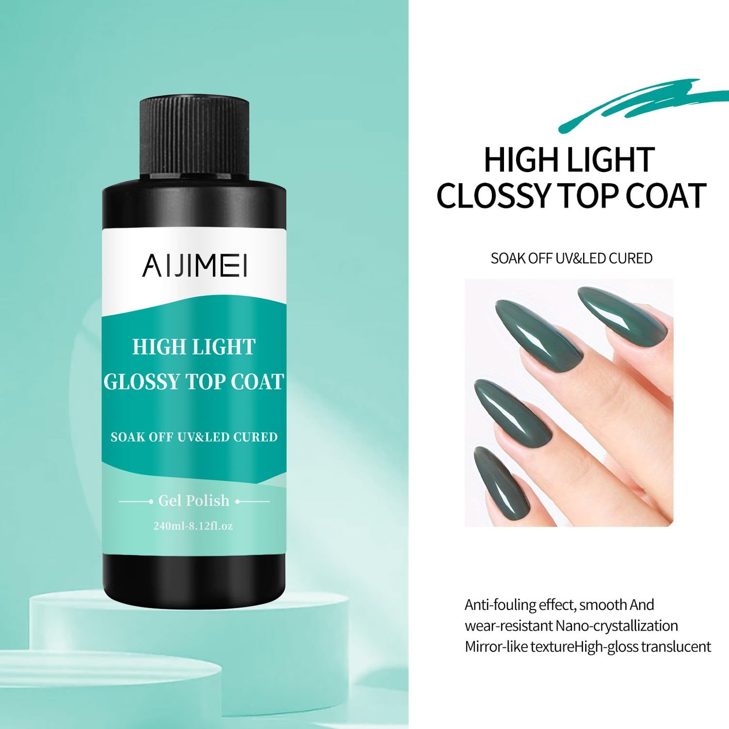AIJIMEI 240ml High Shine Glossy Top Coat for Nails Long Lasting, Smooth TopCoat, High Light Glossy Top Coat for DIY Nail Art Use Enhance Your Manicure with Brilliant Reflection 8 Fl Oz