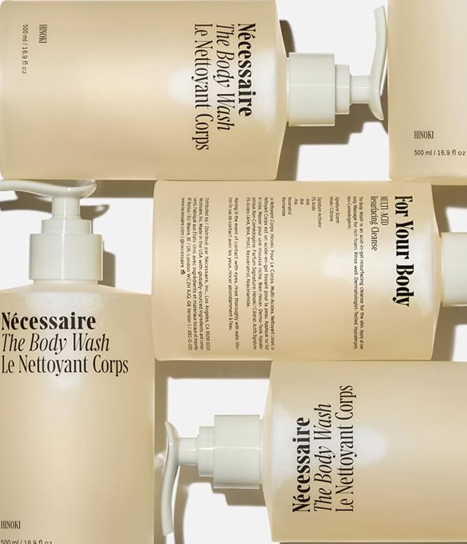 Nécessaire The Body Wash Hinoki. Natural Body Wash for Women & Men, Softening Shower Gel with Gentle Exfoliating Acids AHA/BHA/PHA. Gel Cleanse,16.9 fl oz