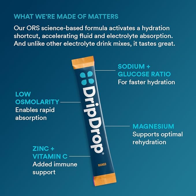 DripDrop Hydration Packets - Tropical Variety Pack - Single Serve Electrolytes Powder Drink Mix - Mango, Açaí, Passion Fruit, Piña Colada - Non-GMO, Gluten Free, Vegan - 16 Sticks