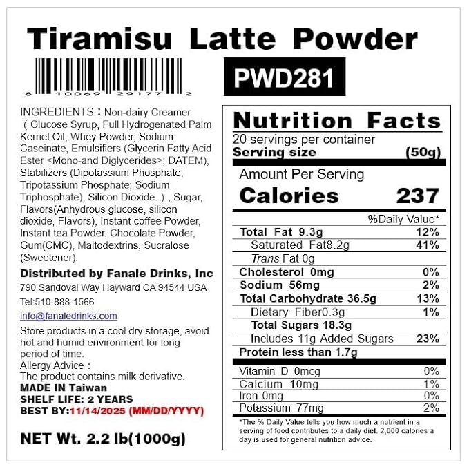 Fanale Premium Tiramisu Flavor Powder | Bubble Tea Flavoring Powder | Perfect for Baking, Smoothies, and Drinks - 2.2 lb 1kg | PWD281