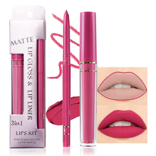 evpct 2Pcs Rose Red Matte Lip Liner and Lipstick Lip Gloss Pencils Makeup Set Kit for Women Long Lasting Waterproof