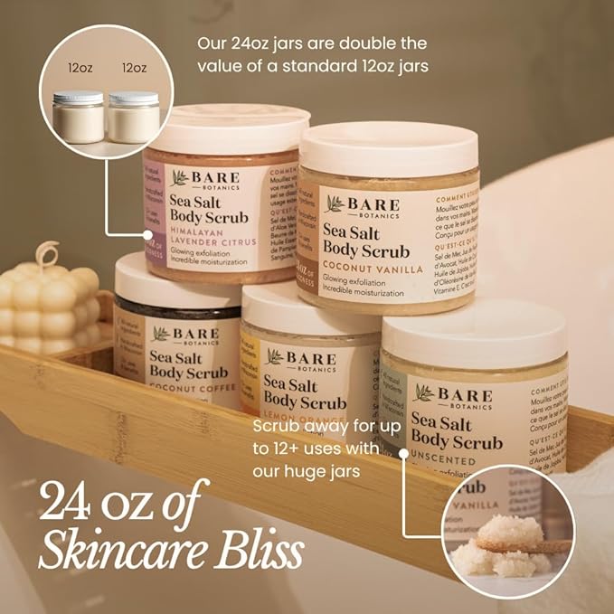Bare Botanics Bergamot Mint Body Scrub 24oz | Made in Madison, WI | All Natural Sea Salt Exfoliator w/ Skin Loving Moisturizers | Vegan & Cruelty Free | Gift Ready Packaging w/ a Cute Wooden Spoon