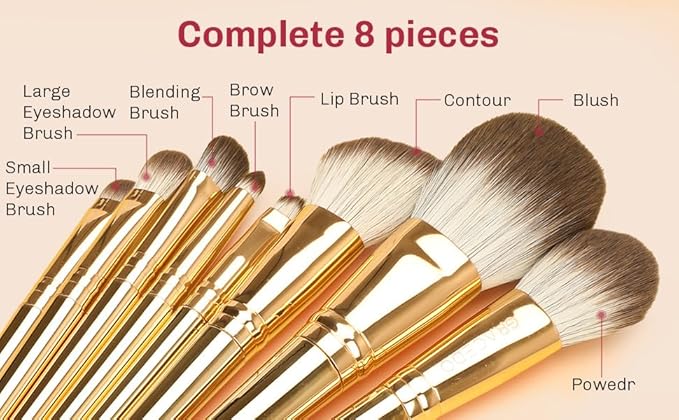 8pcs Gold Makeup Brush Set for All Skill Levels Easy Clean Soft Lint Free Brushes Travel Friendly Kit Foundation Powder Eyeshadow Blush Contour