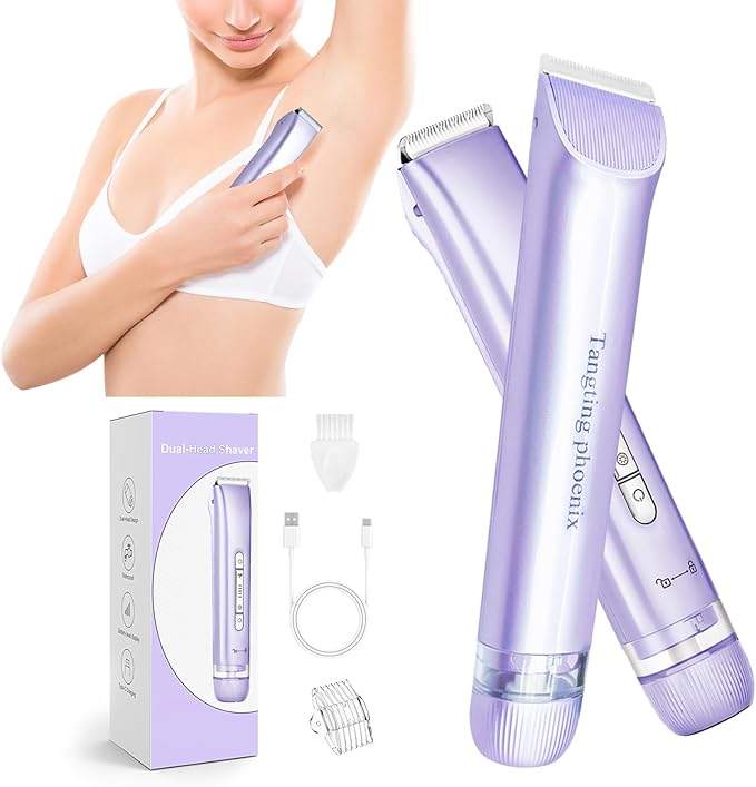 2-in-1 Electric Shaver & Bikini Trimmer for Women-Painless Electric Razor for Face,Body & Intimate Areas,Cordless Wet/Dry Shaver with Dual Blades,Waterproof for Shower&Travel(Purple)