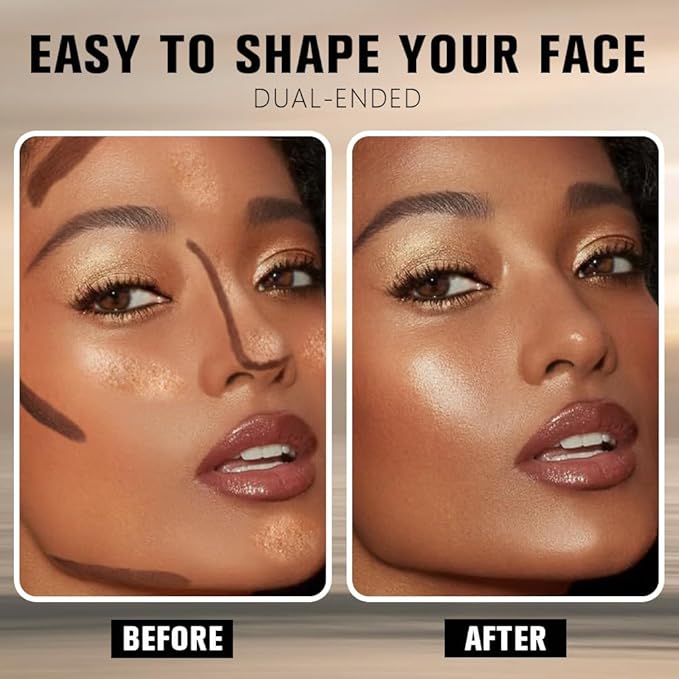 Dual-Ended 2-in-1 Cream Contour & Highlighter Stick – Waterproof, Long-Lasting for Face & Body Makeup, Suitable for All Skin Tones, 06#Black Cocoa + Bronzer Shimmer