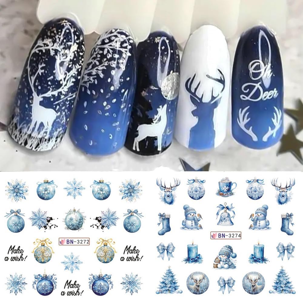 Christmas Nail Art Stickers Snowman Snowflake Water Transfer Nail Decals Xmas Winter Nail Art Decorations Cute Penguin Santa Claus Elk Gingerbread Man Gift Design Nail Foil Sticker for Women DIY Nails