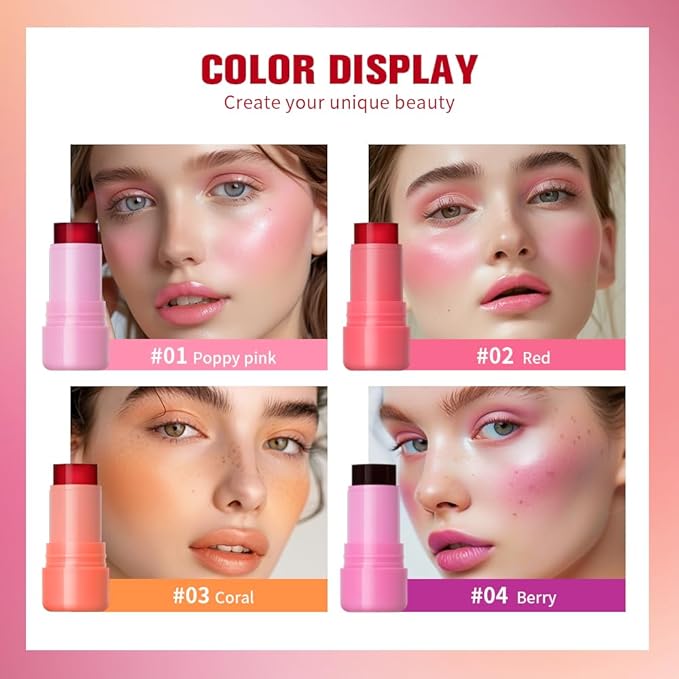 Jelly Cooling Blush Stick, Milk Water Tint, Clear Glossy Long Lasting Sheer Lip & Cheek Stain, Waterproof Light Non-Sticky Buildable Watercolor Finish-Vegan, Cruelty Free (#4 berry, 0.17oz)