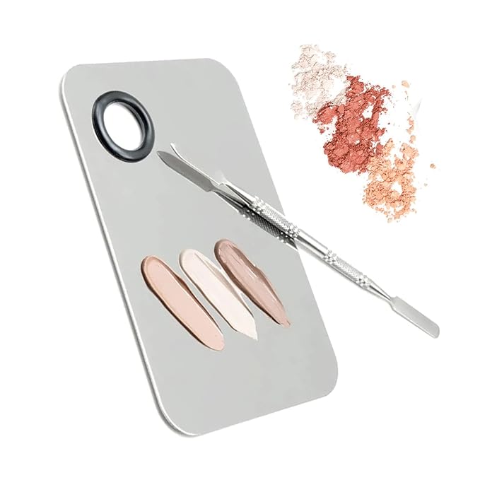 6 in 3 Set Makeup Mixing Palettes, 2 Pcs Stainless Steel Nail Art Palette with 2 Makeup Spatula for Foundation Makeup Tools Eyeshadow Nail Art (4 in 2 Silver Heart Rectangular)