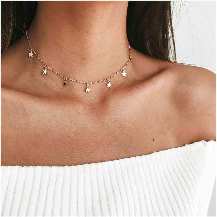 Boho Star Choker Necklace Gold Star Dangle Necklace Chain Short Minimalist Necklace Gold Collarbone Necklace Jewelry for Women Gifts