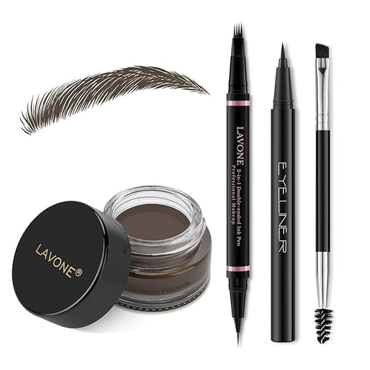 Eyebrow Pencil Makeup Kit, with Waterproof 2-IN-1 Microblading Eyebrow Pen, Eyebrow Pomade, Eyeliner and Dual-ended Eyebrow Brush, Brow Pencil Kit for Natural Eyebrows - Medium Brown