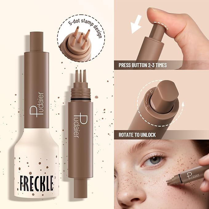 Freckle Stamp Pen, Fake Freckles Stain Marker,5-Dot Faux Liquid Freckle Stamp Cushion for Natural and Lifelike Sunkissed Makeup,Quick Dry Long-Lasting Face Freckle Pencil Tool,04#Caramel
