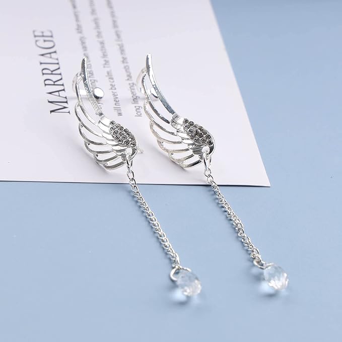 Boho Rhinestone Wing Ear Climbers Earrings Silver Crystal Drop Earring Chain Dangle Earrings Angel Wing Wrap Earrings Jewelry for Women and Girls Gifts