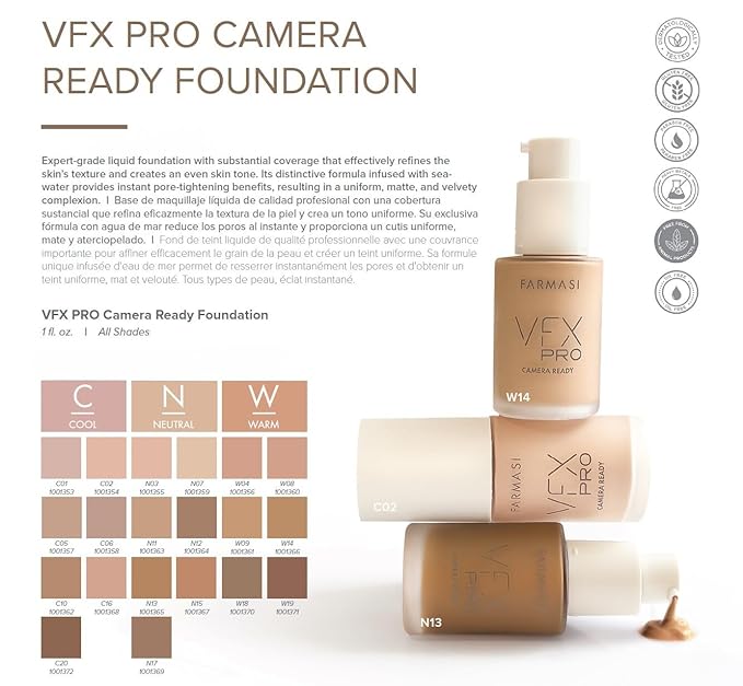 FARMASi Vfx Pro Foundation, Full Coverage Liquid Cream, Lightweight Long Lasting Coverage, Breathable Skin Moisturizer with Color True Matte Blending, Face Makeup, 1 fl. oz / 30 ml - Neutral Medium 15