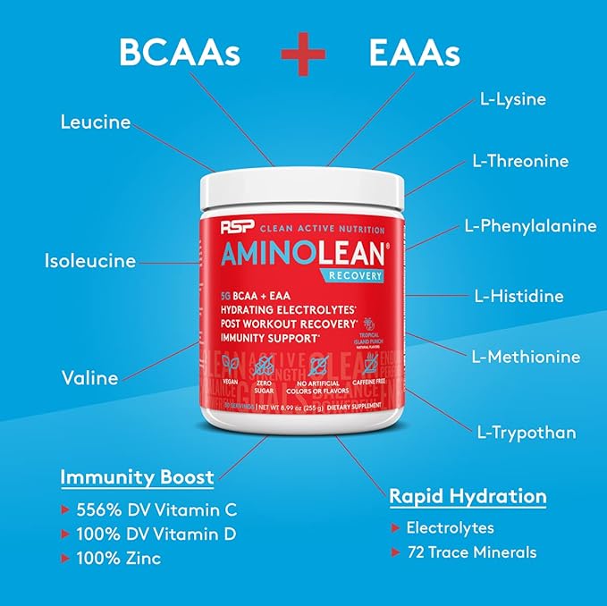 AminoLean Hydrating Electrolyte Powder and Recovery Drink with Sea Minerals, Nootropic Mushrooms, and Vegan Amino Acids, BCAAs + EAAs for Post Workout Muscle Building, Tropical Punch