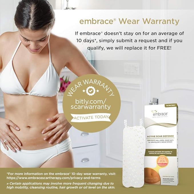 Embrace Active Scar Defense for New Tummy Tuck Scars, FDA-Cleared Extra-Large Silicone Scar Sheets, 30 Day Supply