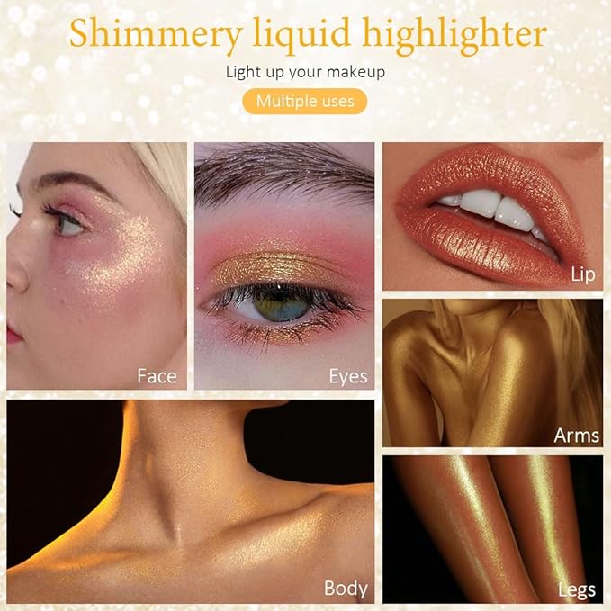 evpct Gold Highlighter Makeup Liquid, Gold Glitter Iridescent Face Festival Highlighter Makeup Waterproof Long Lasting Halographic Shimmer Shimmery Body Highlighter Makeup Palette Stick Illuminators