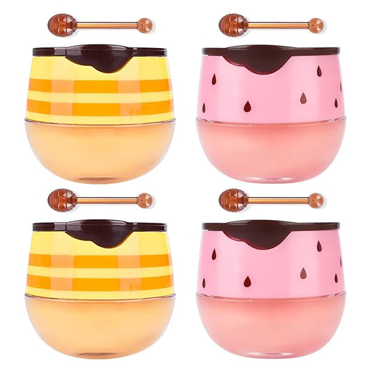 4Pcs Honey Strawberry Lip Balm Honey Pot, Strawberry Lip Sleeping Mask, Overnight Lip Sleeping Mask, Honey Balm Lip Balm Pot, Honey Lip Mask Nourish Lip Scrubs Exfoliator Honey/Strawberry