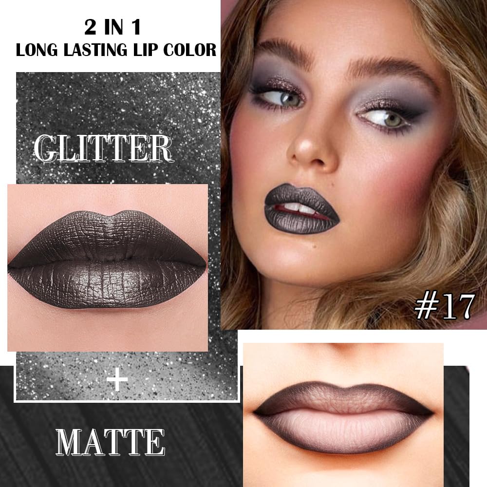 Kaely 2-in-1 Black Coal Metallic Lipstick and Lip Liner, Shimmer Liquid Metallic Lipsticks for Women, Glitter Lip Gloss Stain Long Lasting Waterproof Smudge Proof 24 Hour, Vegan Makeup, 17