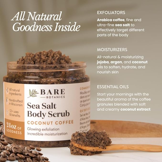 Bare Botanics Coconut Coffee Body Scrub 24oz | Made in Madison, WI | All Natural Sea Salt Exfoliator w/ Skin Loving Moisturizers | Vegan & Cruelty Free | Gift Ready Packaging w/ a Cute Wooden Spoon