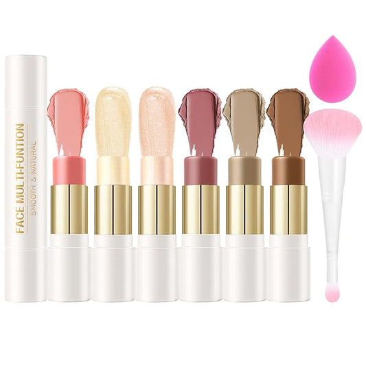 6 Colors Cream Contour Stick Set,Double-ended Cream Bronzer Stick,Highlighter Stick,Blush Stick,Professional Highlighter Makeup Contour Kit,Easy to Sculp Contorno Maquillaje（Set A）