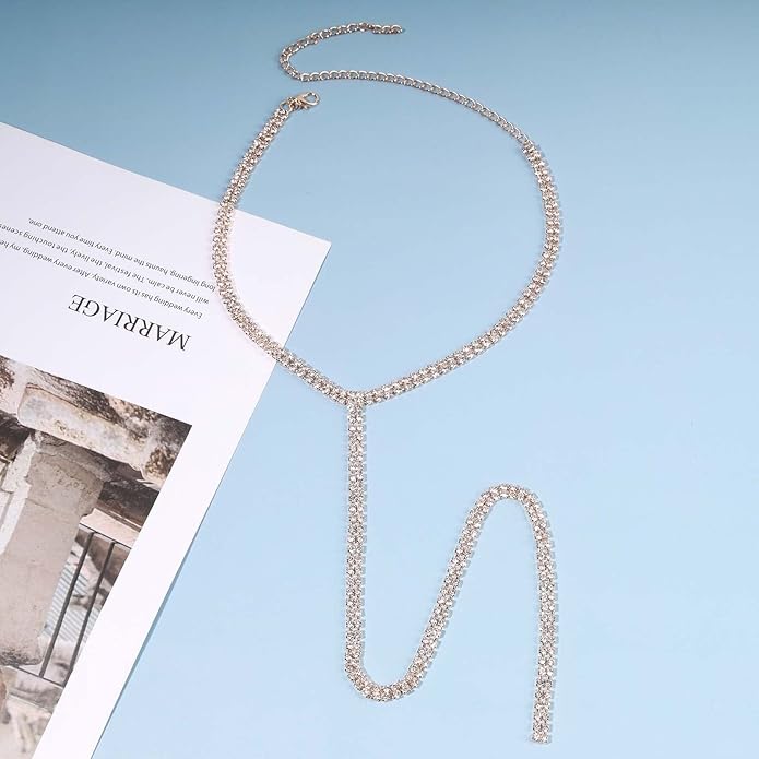 Boho Rhinestone Crystal Y Necklace Tennis Chain Y Lariat Necklace Long Gold CZ Drop Chain Necklace Sparkle Party Nightclub Necklace Chain Jewelry for Women and Girls