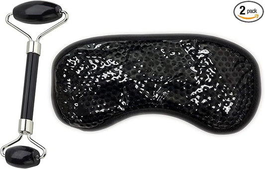 Eye Mask Set (2packs) - Hot and Code Eye Mask and Facial Roller Tools Set 100% Natural Jade Stone Beauty Massage Body Eyes Neck for Dark Circles and Puffiness-Color Black