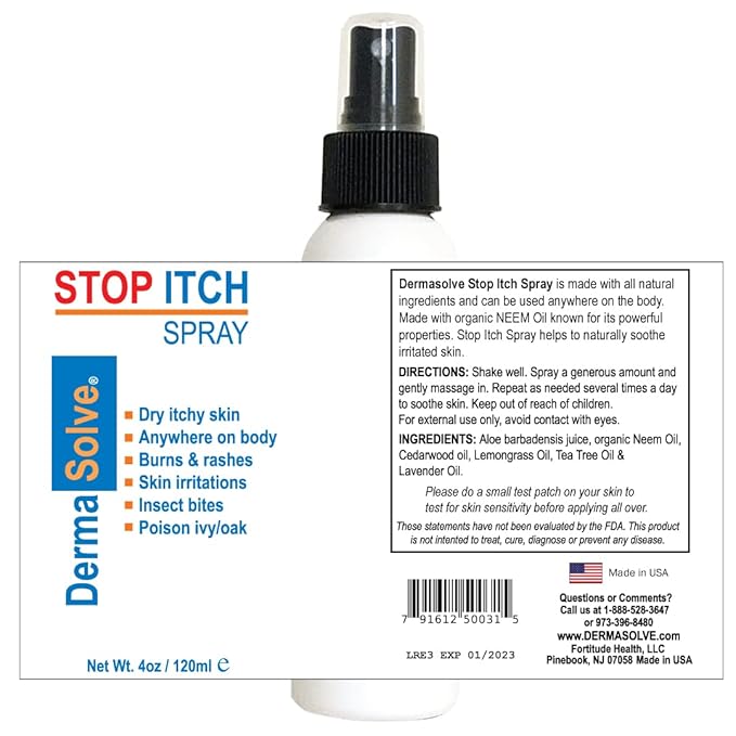 Dermasolve Stop Itch Spray with 100% Organic Neem Oil, Scalp and Body Psoriasis Relief, Dry Skin, Bites, Sunburn, Burns and Rashes