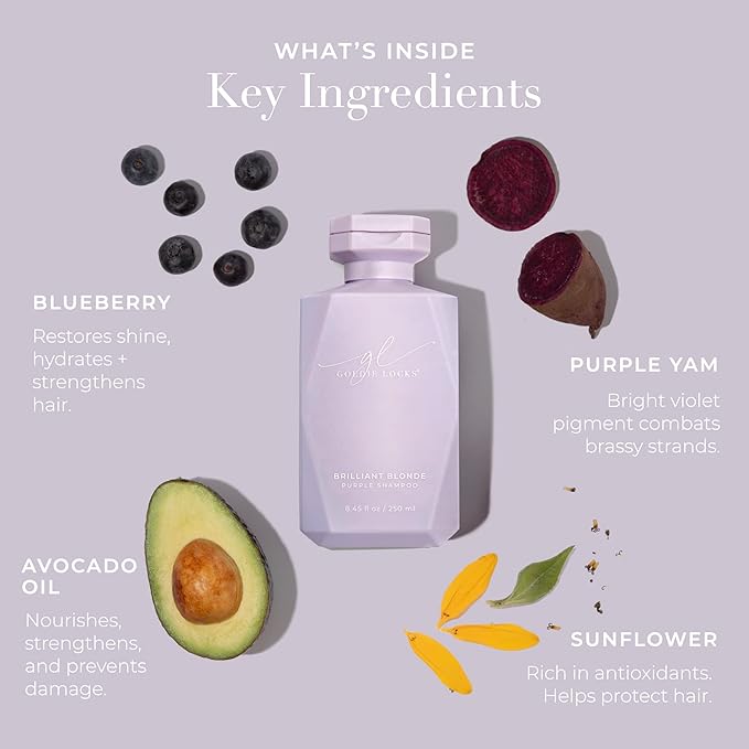 Goldie Locks Brilliant Blonde Purple Shampoo for Blonde, Lightened, Grey Hair & Extensions, Brightens, Tones, Eliminates Brass, Sulfate-Free, Nourishing, Moisturizing, Color Safe, 8.45 Fl Oz Bottle