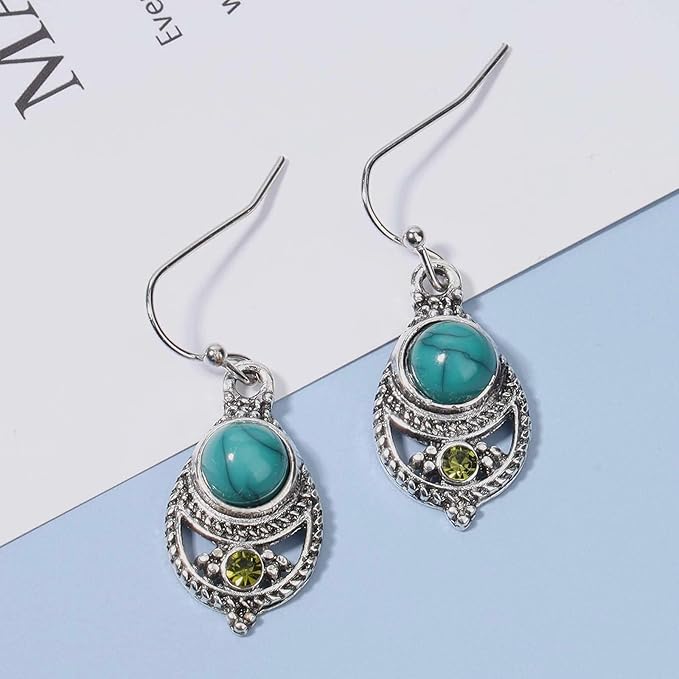 Boho Ethnic Turquoise Drop Earrings Silver Teardrop Turquoise Earrings Gemstone Hook Earrings Retro Drop Dangle Earrings Jewelry for Women and Girls