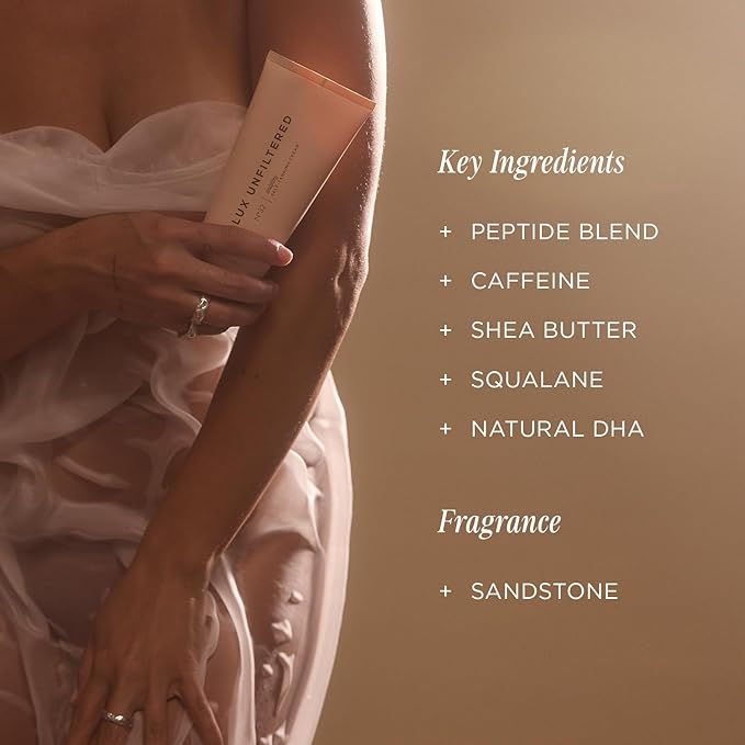 '+ Lux Unfiltered N°32 Body Sculpting Gradual Tanning Lotion - Self Tanner Firming Body Lotion with Peptides and Caffeine - Firms & Tones Skin - Vegan & Cruelty-Free Sunless Tanner - Sandstone