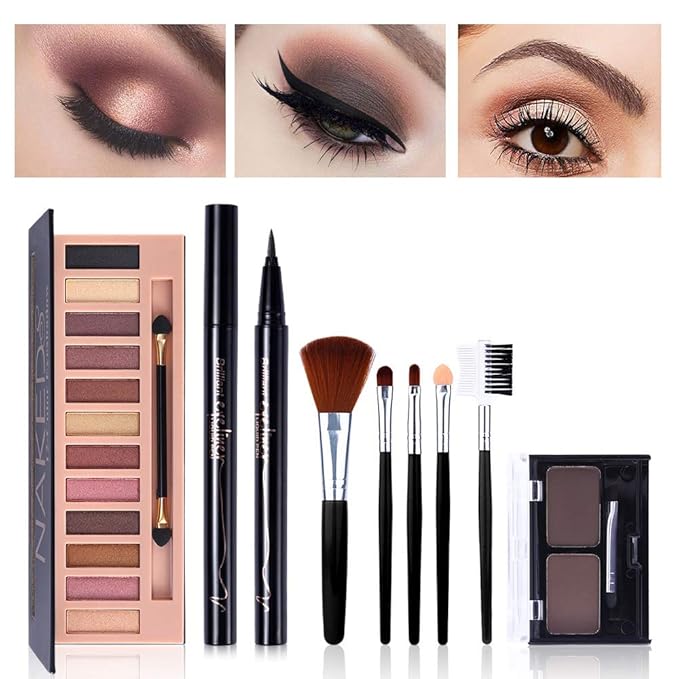 All in One Makeup Kit,12 Colors Nude Shimmer Eyeshadow Palette, Waterproof Black Eyeliner Pencil, Duo Pressed Eyebrow Powder Kit, 5 Brushes With Quicksand Cosmetic Bag Gift Set